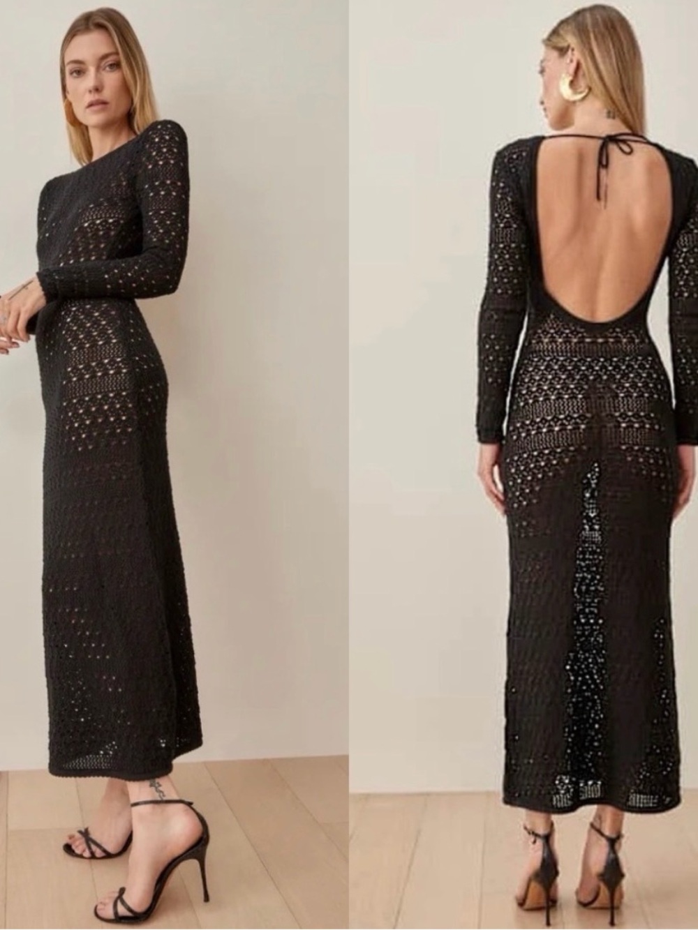 Reformation Long Sleeve Black Crochet Maxi Dress with Open Back